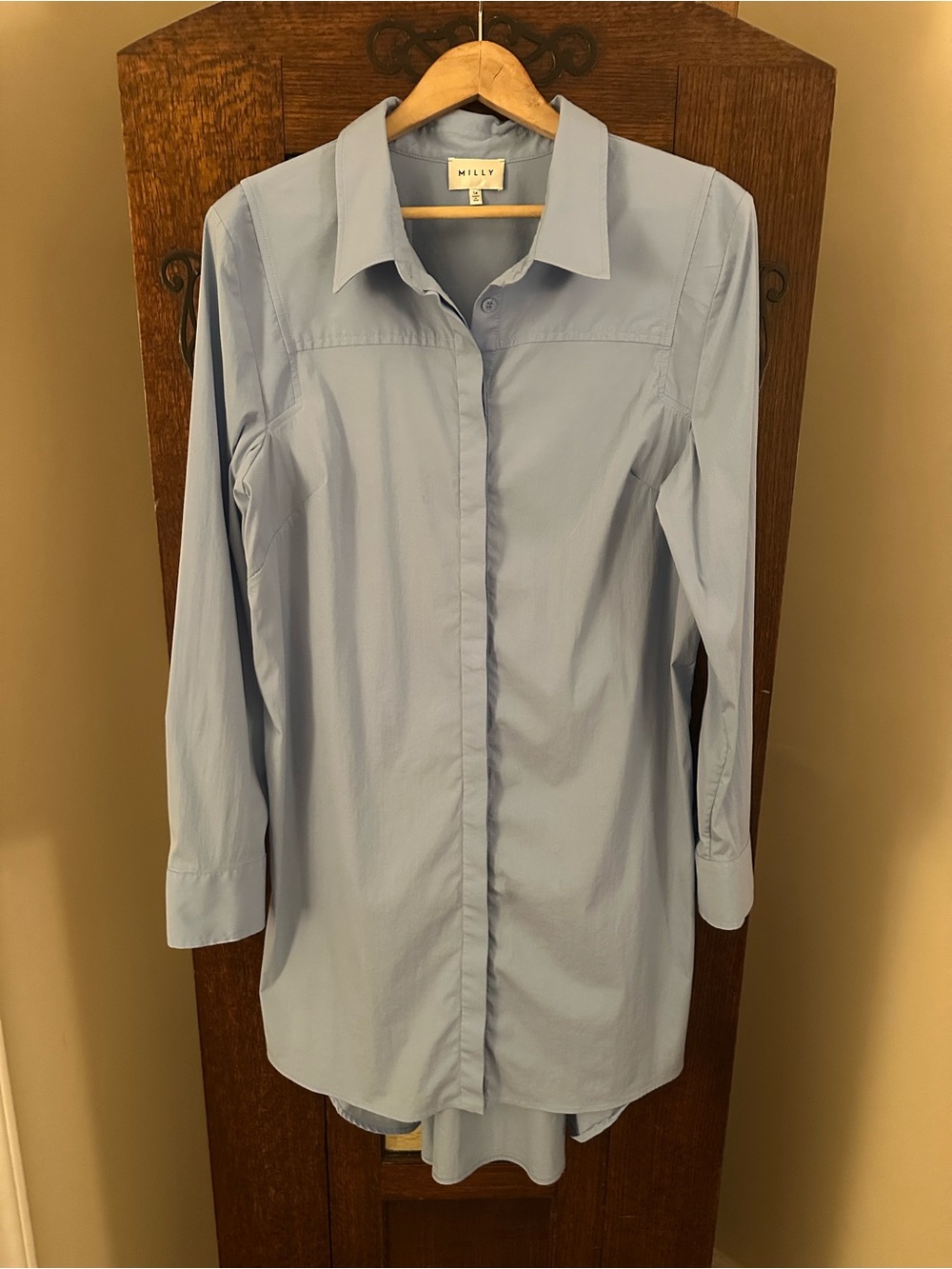 Milly Pale Blue Long-Sleeve Shirt Dress with Tapered Back Size 14 Preppy Chic
